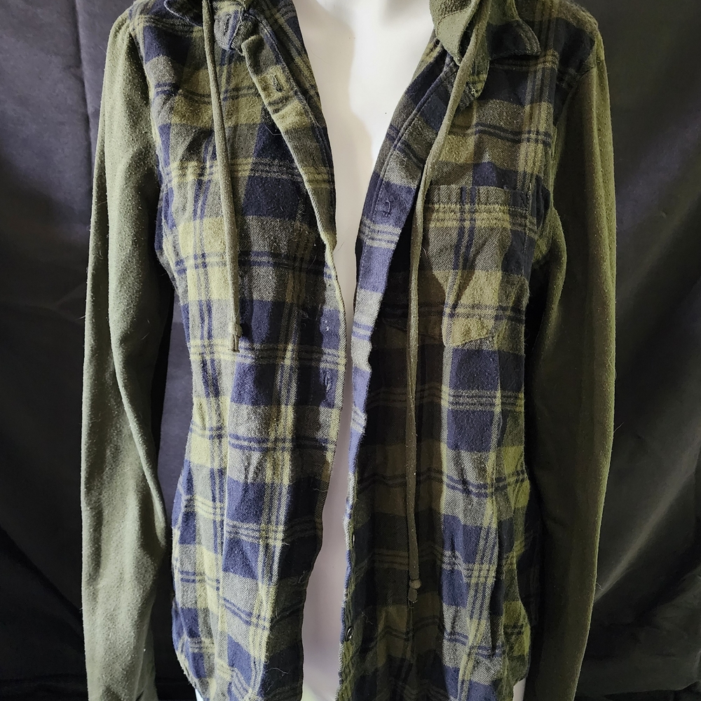 No Boundaries Olive and Navy Plaid Hooded Shirt